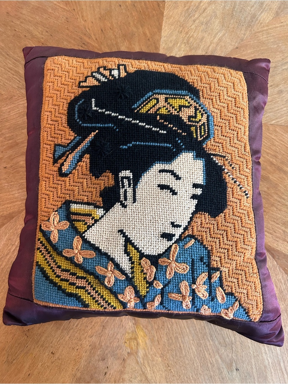 Antique Vintage Handcrafted Geisha Needlepoint Pillow - Orange and Blue